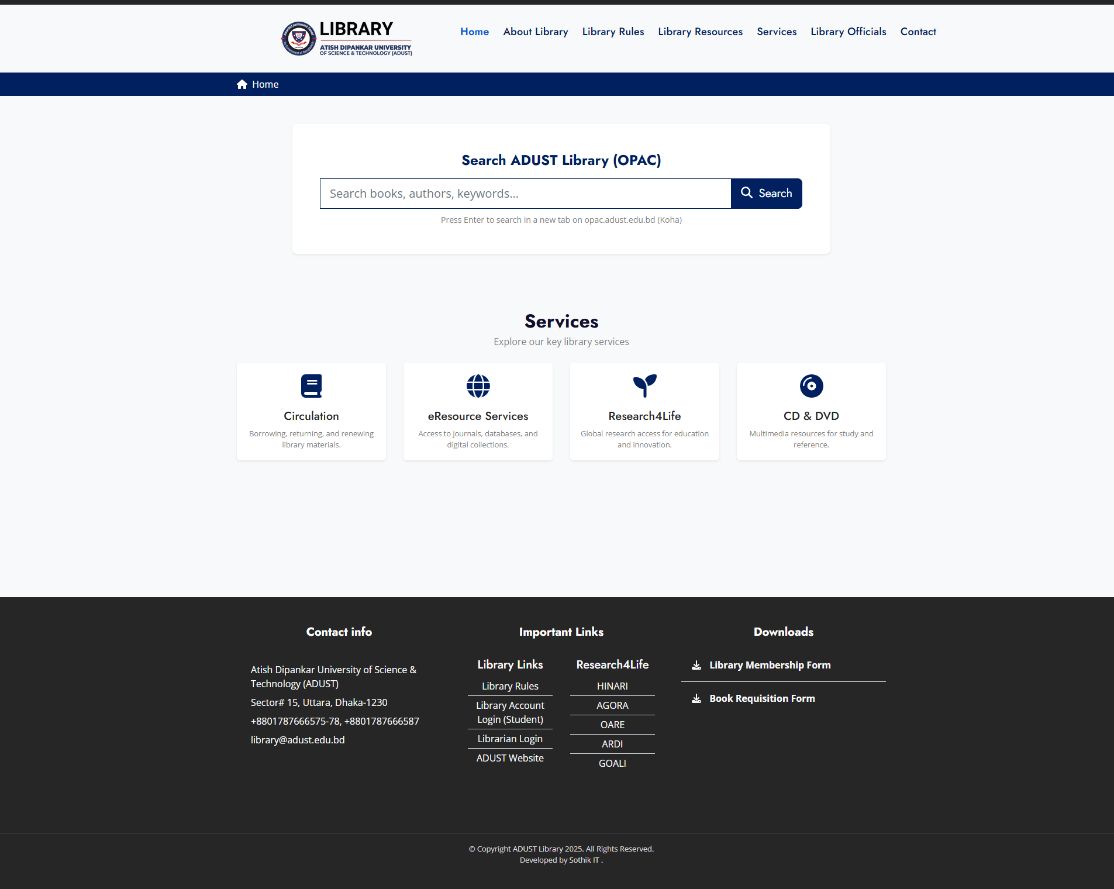 ADUST library portal and Koha OPAC project interface